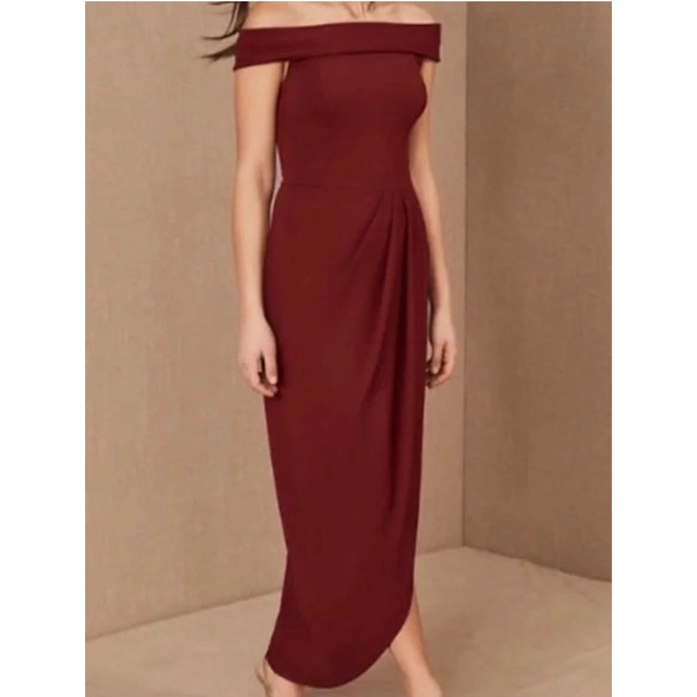 BHLDN Thompson Dress Burgundy Off Shoulder Midi Draped Formal Wedding Guest US 0